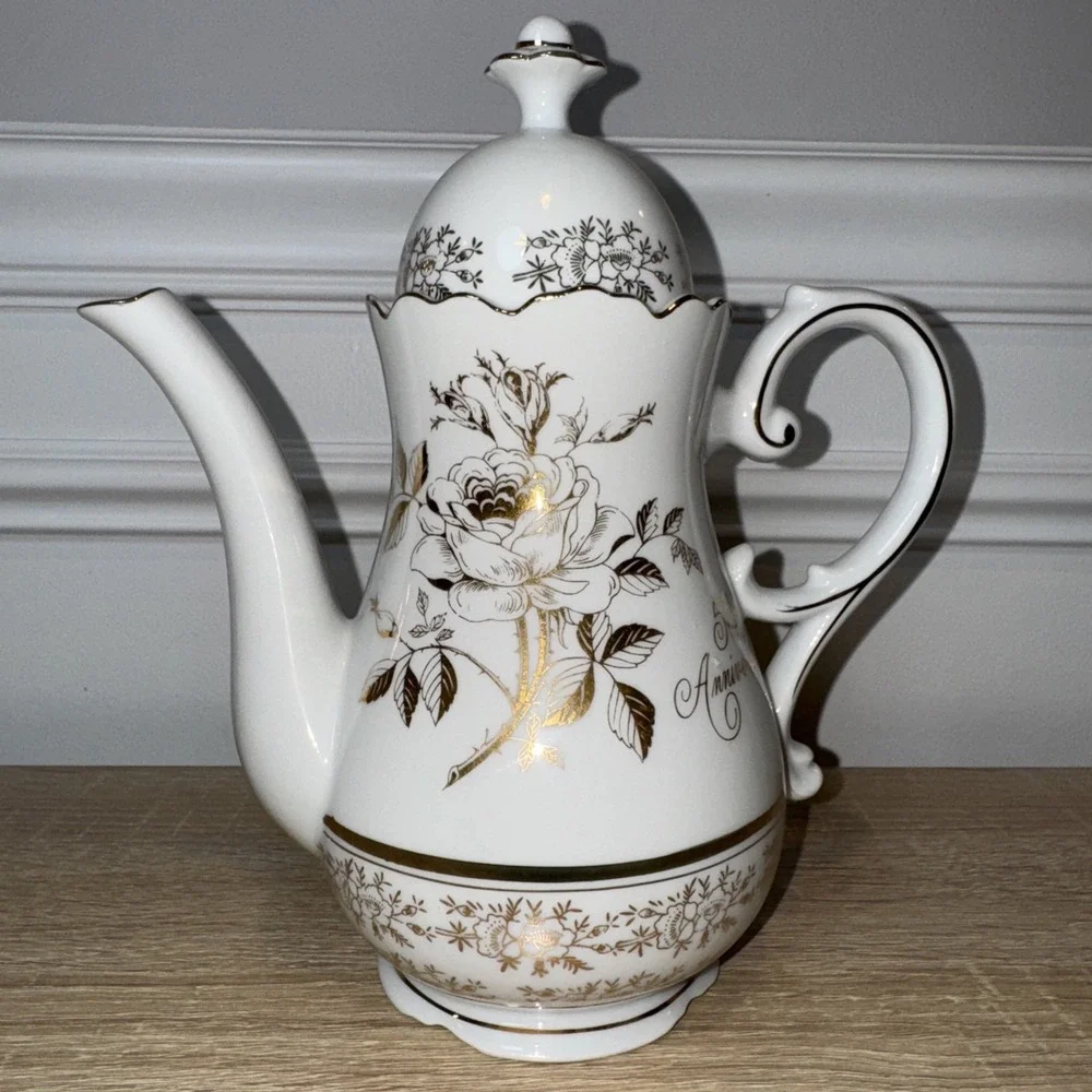 VTG 25Th Anniversary Tea Coffee Pot‎ AB-190 Norcrest Chatillon White Gold Japan
